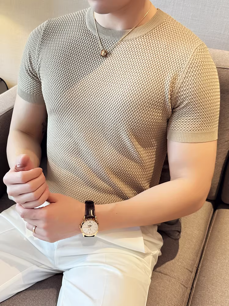 Áo thun nam dệt kim mỏng tay ngắn mùa hè họa tiết dứa lưới thoáng khí cao cấp ôm body chất liệu lụa đá mát lạnh