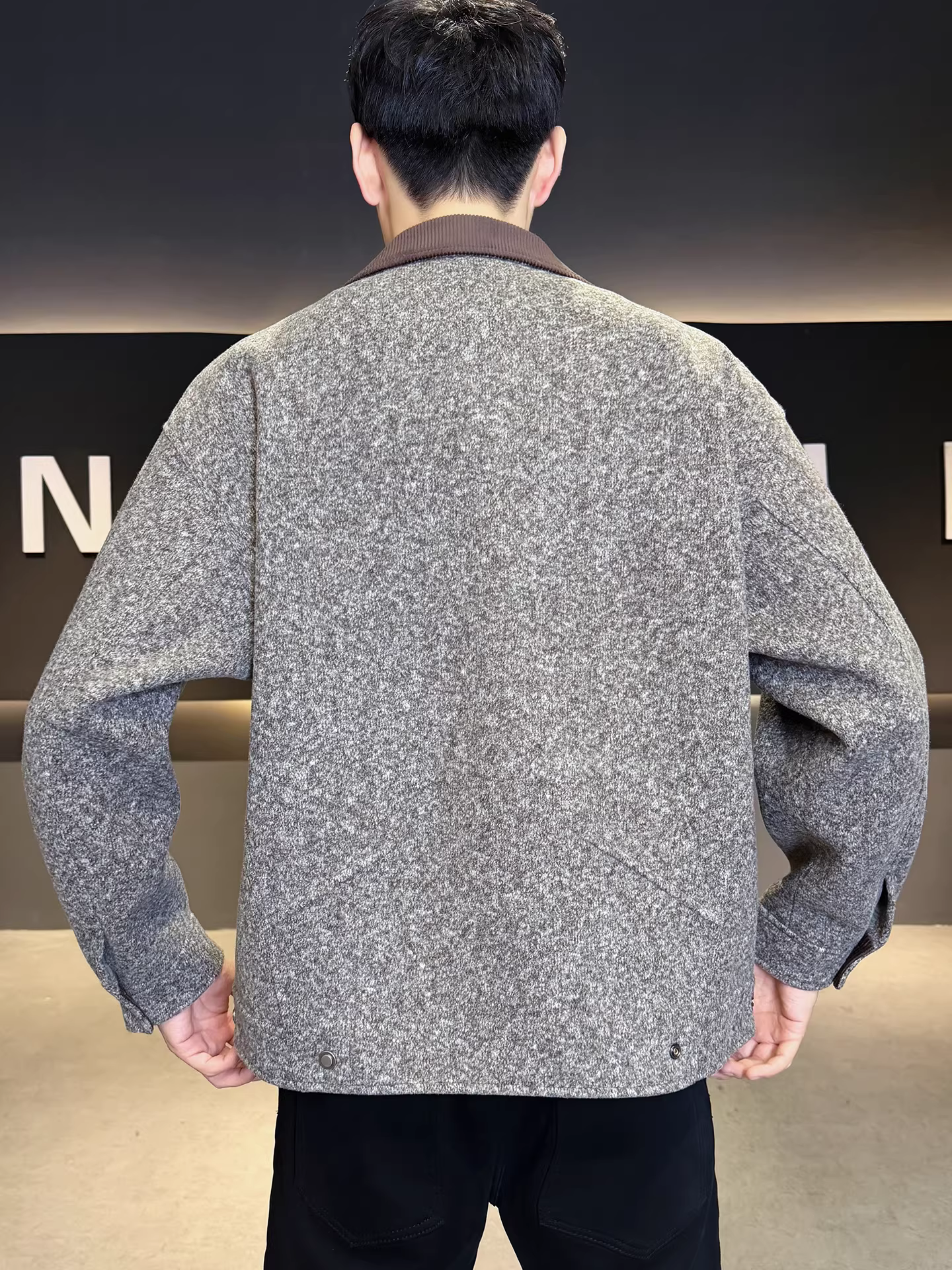 Áo khoác len nam phối vải, dáng rộng, ngắn, thời trang, đa năng, mùa thu đông 2025