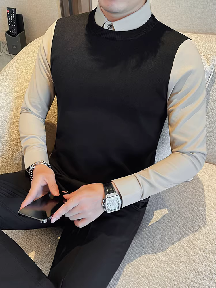 Áo len nam dài tay có cổ áo sơ mi, thiết kế giả hai mảnh, lót lông cừu mùa thu đông, dày dặn, áo sơ mi dệt kim dáng ôm vừa vặn, thời trang, lịch sự dành cho doanh nhân.