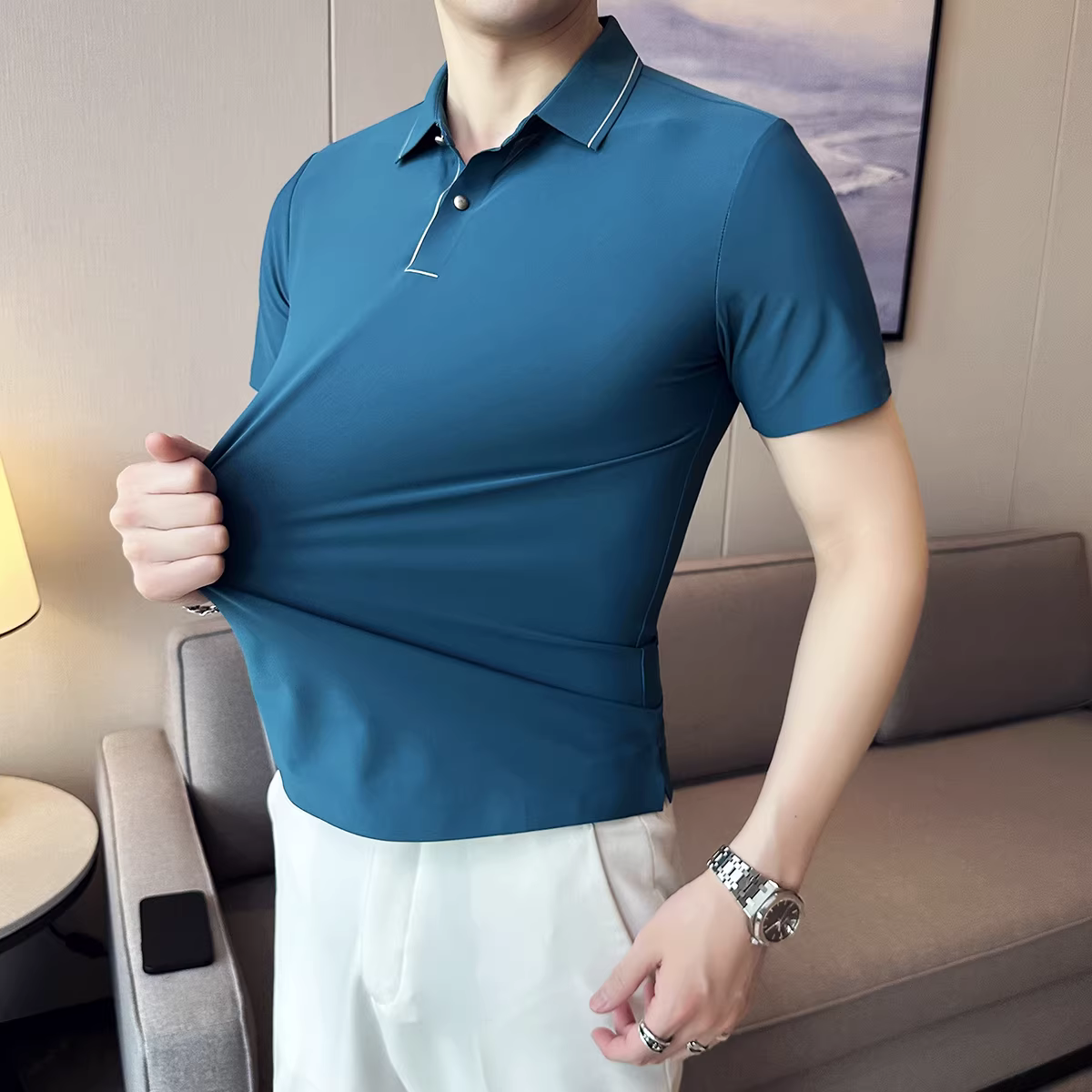 Áo polo nam chất liệu lụa đá cao cấp, co giãn tốt, không đường may, tay ngắn, kiểu dáng thời trang mùa hè, ôm body, phong cách lịch sự, thoáng mát, cổ trụ.