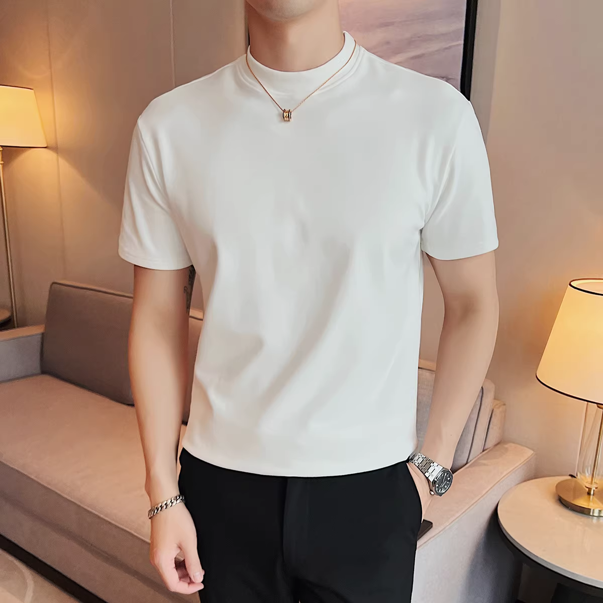 Áo sơ mi giữ nhiệt dành cho nam mùa thu đông, dày dặn và ấm áp, cổ tròn, tay ngắn, áo thun lông cừu hai mặt, vừa vặn, đa năng và hợp thời trang để mặc nhiều lớp.