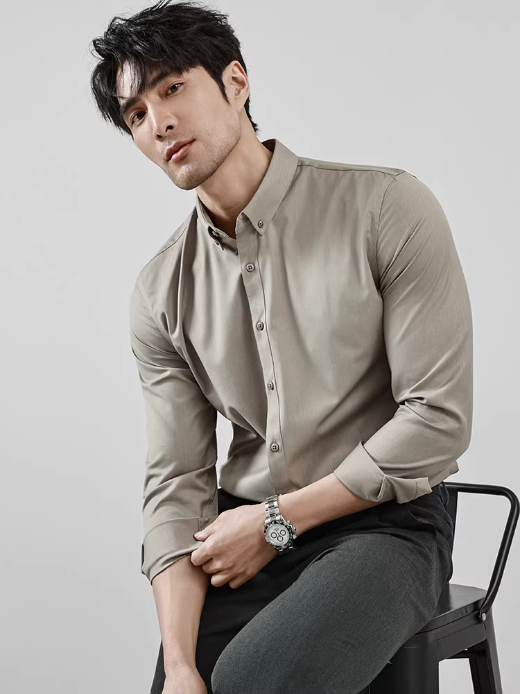 Áo sơ mi chất liệu sợi tre dành cho nam, tay dài, trang phục công sở cao cấp, đa năng, trưởng thành, ổn định, phong cách trưởng thành nhẹ nhàng, áo lót lông cừu