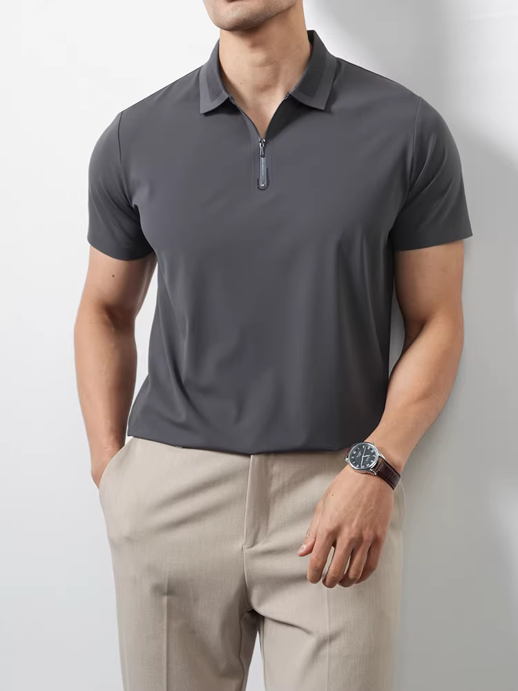 Áo polo nam có khóa kéo trên cổ, tay ngắn, kiểu dáng mùa hè mới, thời trang, hợp xu hướng, nhẹ nhàng sang trọng, phong cách trưởng thành, áo thun công sở