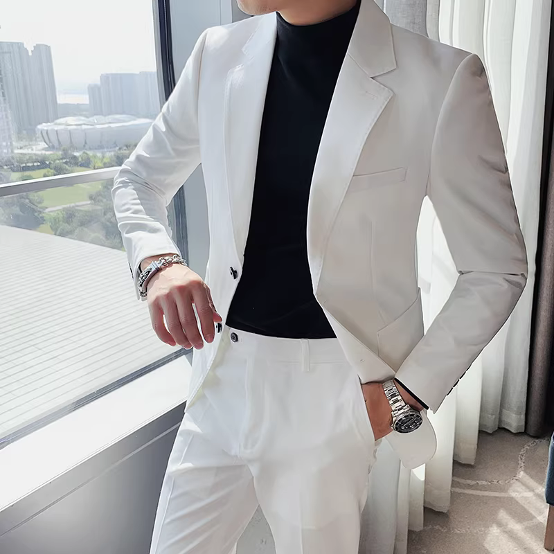 Áo blazer trắng nam, kiểu dáng xuân thu mới, bộ vest nam cao cấp, dáng ôm, blazer đơn giản lịch lãm.