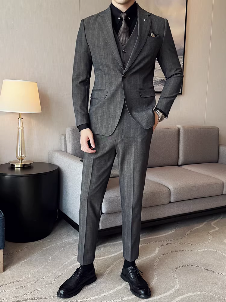 Bộ vest kẻ ca rô cao cấp dành cho nam, thời trang, ôm dáng, lịch lãm, phù hợp với trang phục công sở, bộ ba món dễ chăm sóc