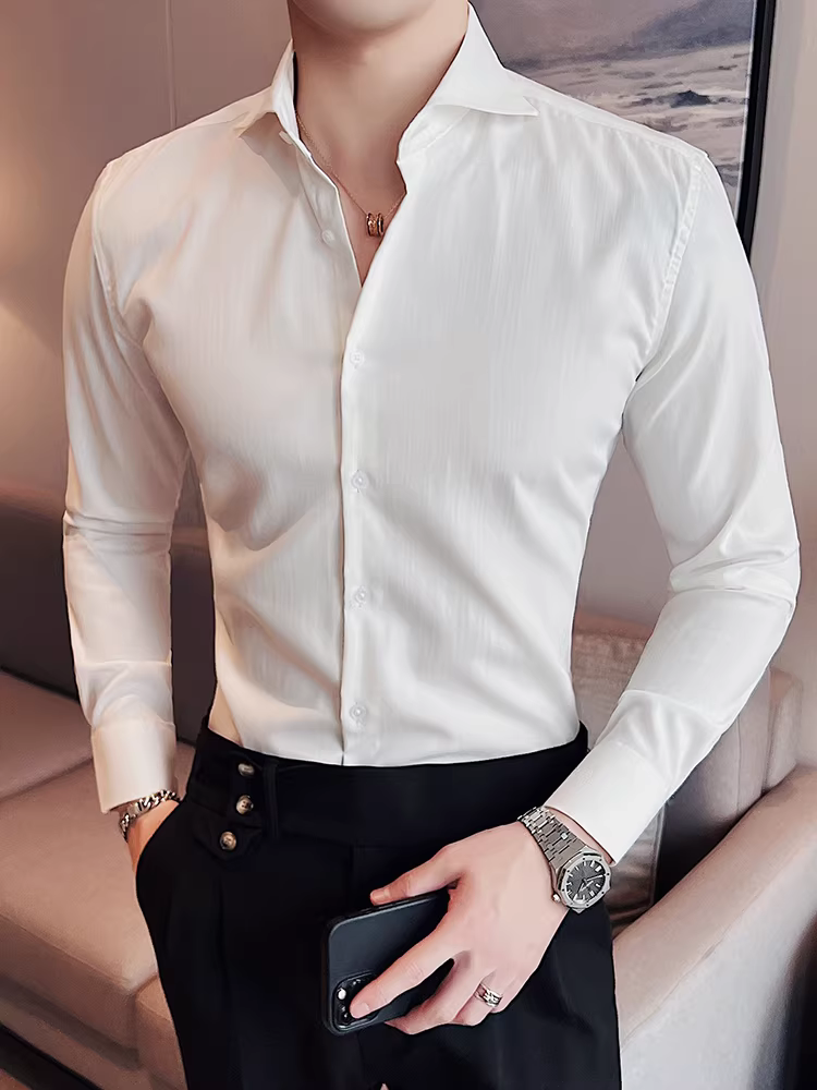 Áo sơ mi nam cổ Windsor một đường may, tay dài, kiểu mới xuân thu 2024, cao cấp, lịch lãm, lịch sự, đẹp trai