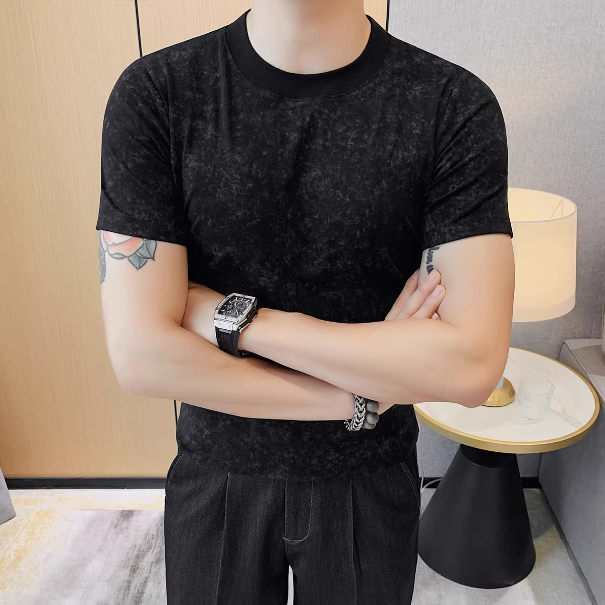 Áo thun nam cao cấp tay ngắn, mùa hè mỏng nhẹ, cổ tròn, đa năng, hợp thời trang, ôm dáng, co giãn, nửa tay