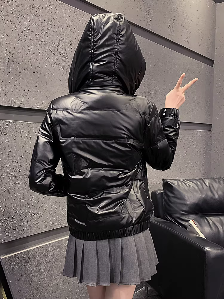 Áo khoác nam bóng mượt mùa đông 2025 thời trang mới, kiểu dáng ngắn, đa năng, nhẹ, ấm, có mũ