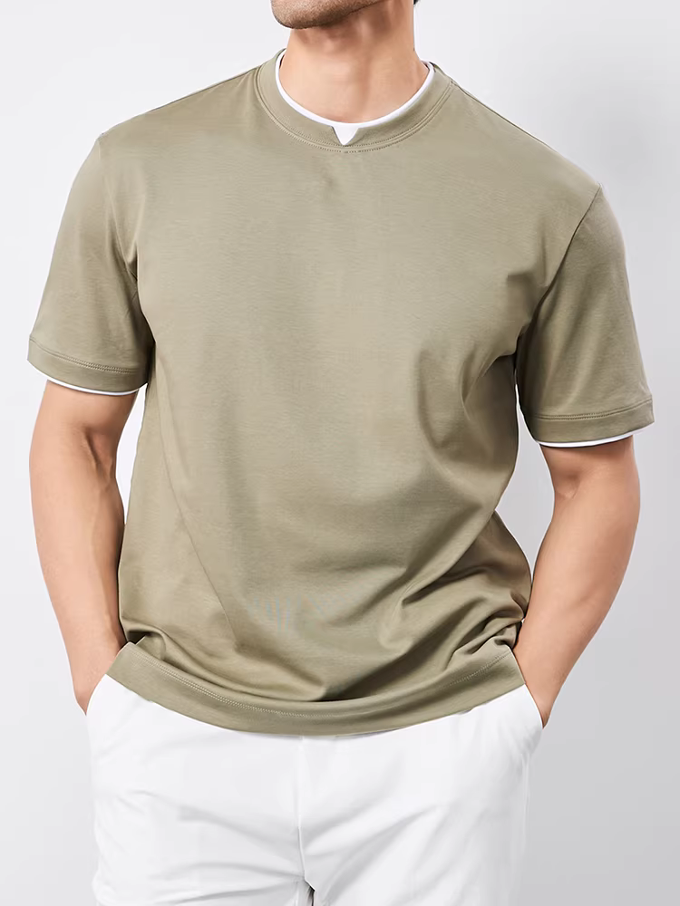 Áo thun nam giả hai mảnh chất liệu cotton amoniac lỏng, kiểu dáng mỏng mùa hè, phối màu nhiều lớp thời trang, áo đa năng và sành điệu.