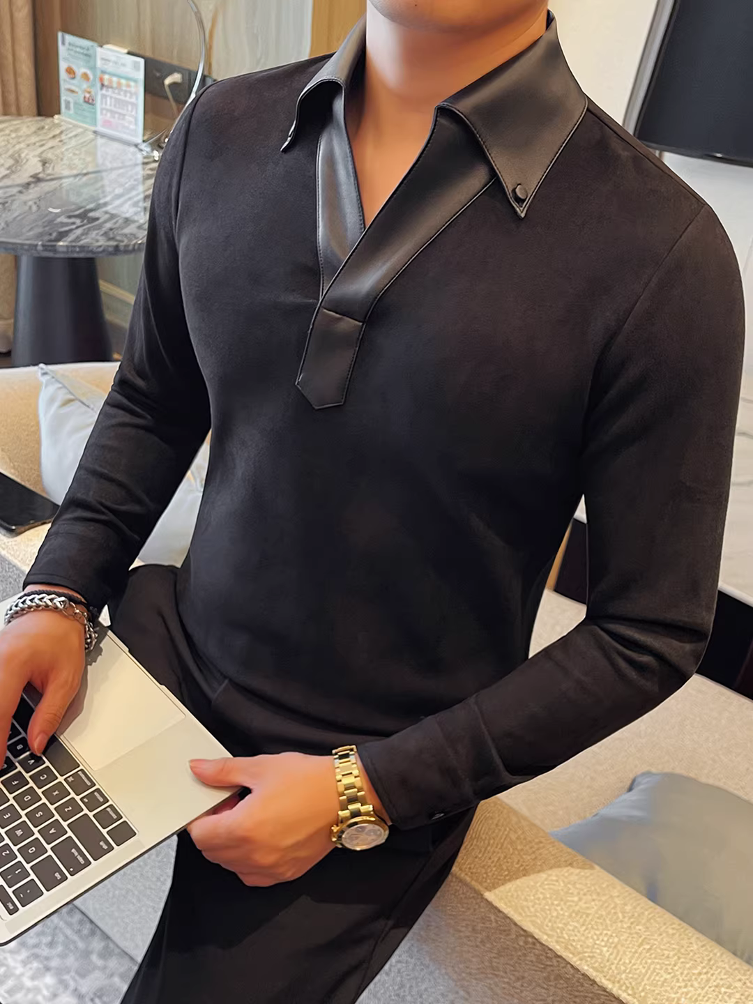 Áo sơ mi da phối chất liệu cổ áo da lộn, áo thun nam dài tay mùa thu đông dày dặn thời trang ôm dáng cao cấp