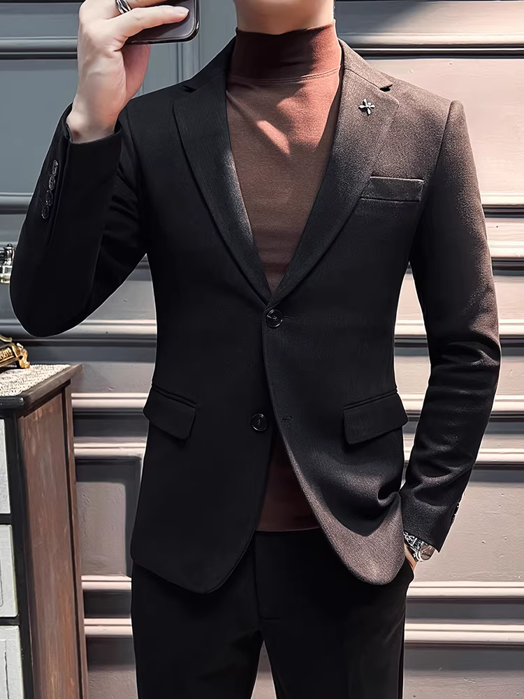 Bộ vest len dày giữ ấm cho nam, chất lượng cao, kiểu dáng lịch sự, ôm dáng, thời trang, kẻ sọc tối màu, bộ hai mảnh