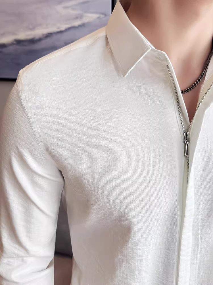 Áo sơ mi nam chất liệu cotton và lanh, thiết kế khóa kéo mỏng, tay dài, phong cách công sở lịch lãm, đa năng, co giãn và thoải mái.