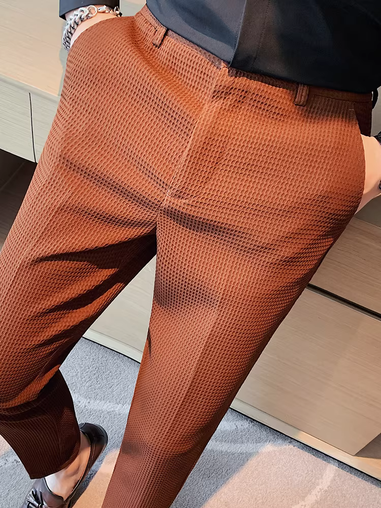 Quần âu nam kiểu waffle, quần dài mỏng, quần vest công sở, dáng ôm, không cần là, quần vest cao cấp.