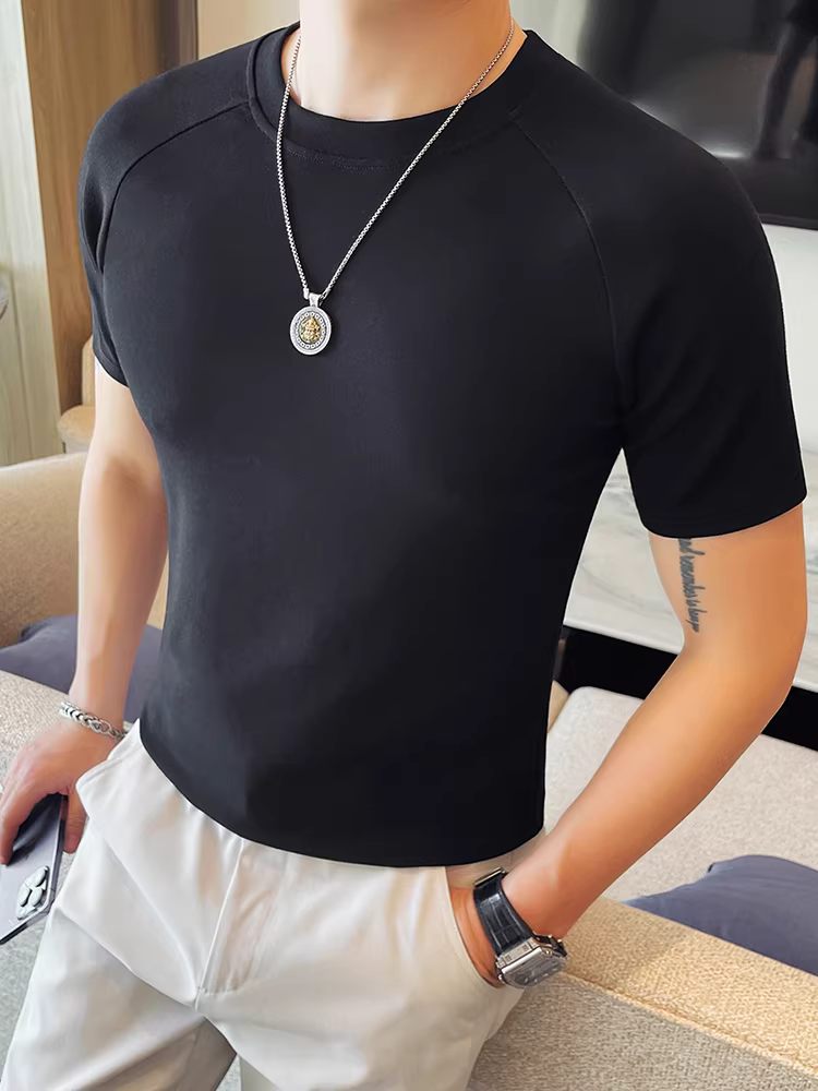 Áo thun cotton ngắn tay cho nam, kiểu dáng mùa hè mới, thời trang và đa năng, màu trơn, cảm giác cao cấp, áo nửa tay cổ tròn.