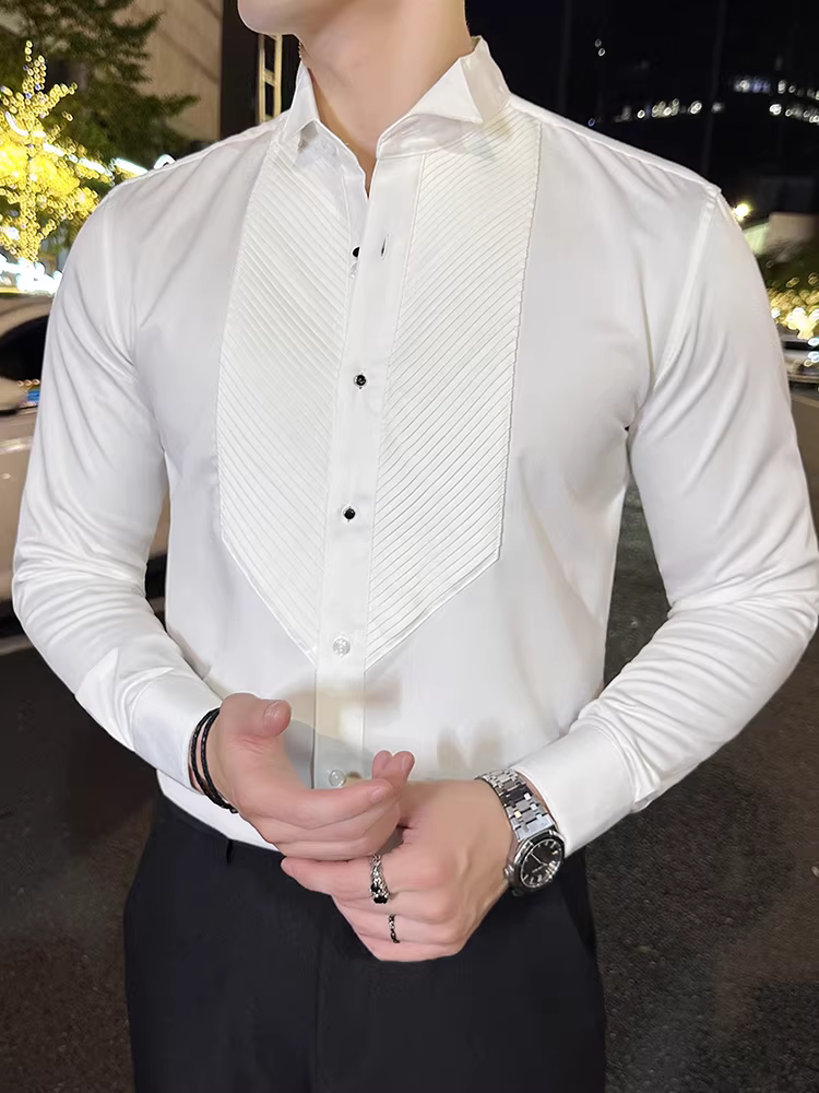 Áo sơ mi cổ cánh gấu kiểu Pháp dành cho nam, tay dài, cao cấp, ôm dáng, trang phục công sở lịch sự, dự tiệc, cưới hỏi, áo sơ mi trắng xếp ly kiểu xếp nếp