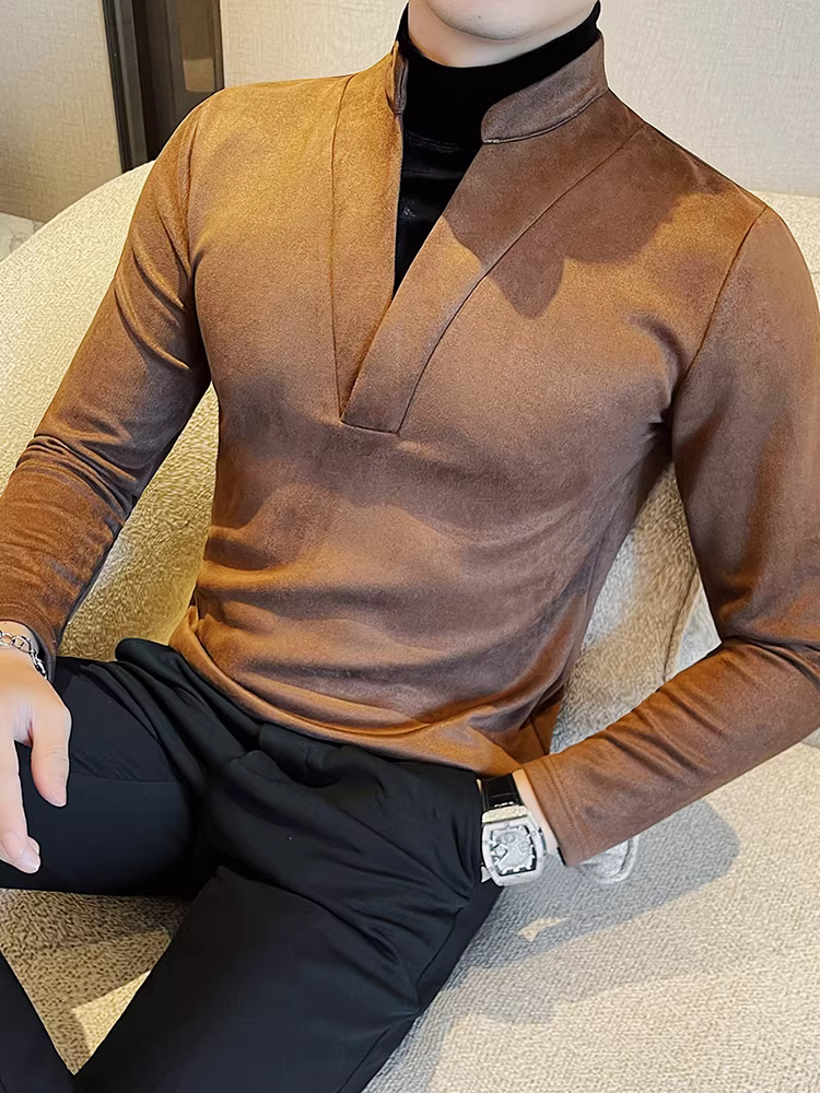 Áo thun giả hai mảnh dành cho nam, dài tay, kiểu mới thu đông 2024, áo sơ mi cổ đứng cao cấp, áo kiểu Trung Quốc mới ôm dáng.