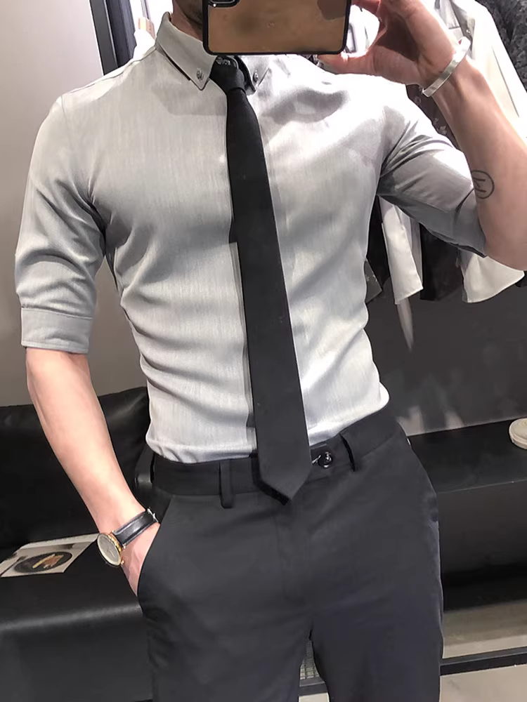 Áo sơ mi mùa hè cho nam, tay ngắn, cao cấp, không cần là, tay ba phần, áo sơ mi nam màu trơn, dáng ôm, trang phục công sở giản dị, quần áo nam đẹp trai