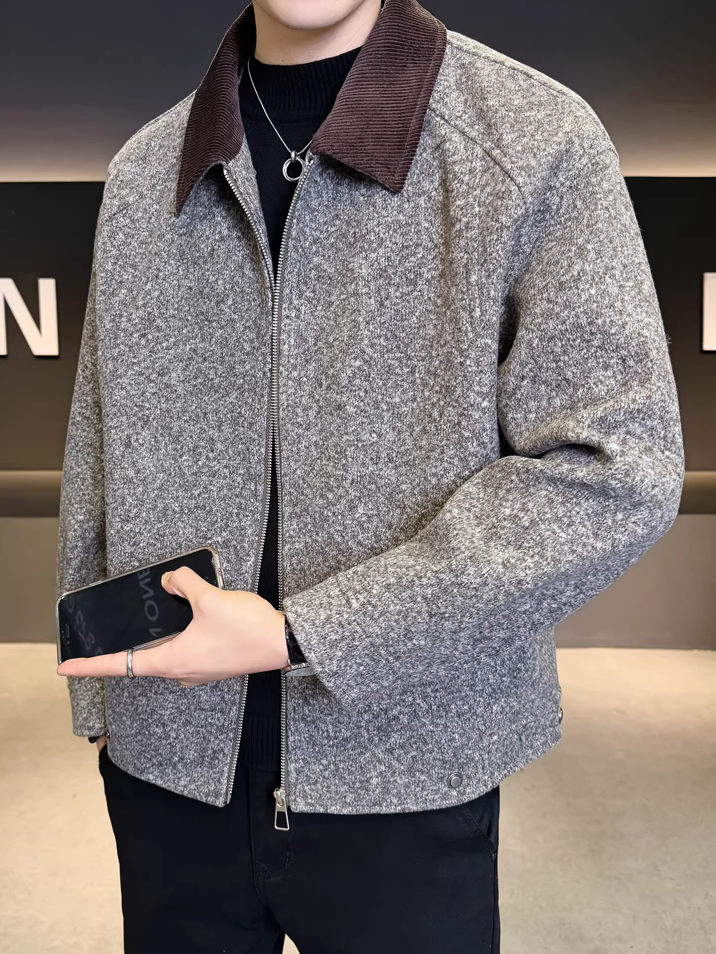 Áo khoác len nam phối vải, dáng rộng, ngắn, thời trang, đa năng, mùa thu đông 2025