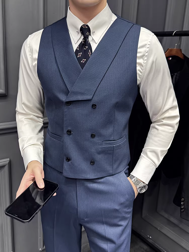 Áo vest nam kẻ sọc hai hàng khuy, kiểu Anh, lịch sự nhưng năng động, đa năng, hợp thời trang, ôm dáng, phù hợp cho phù rể