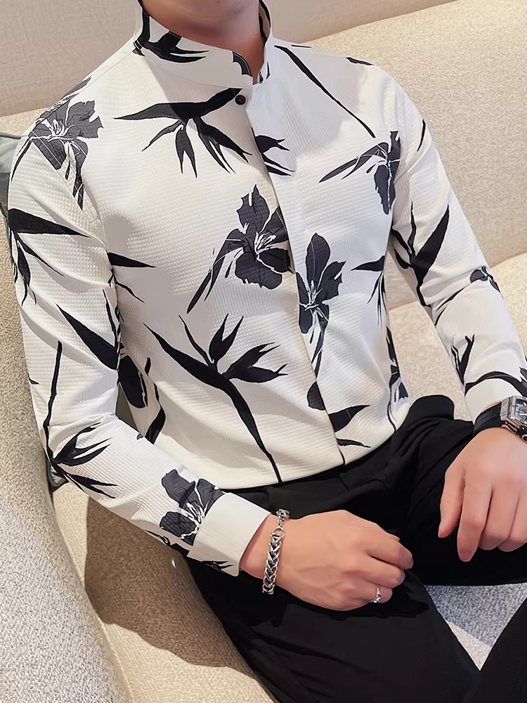 Áo sơ mi nam cổ đứng in họa tiết, tay dài, kiểu xuân thu mới, hợp thời trang, thời thượng, ôm dáng, lịch sự công sở, đẹp trai, áo sơ mi cài khuy giấu.