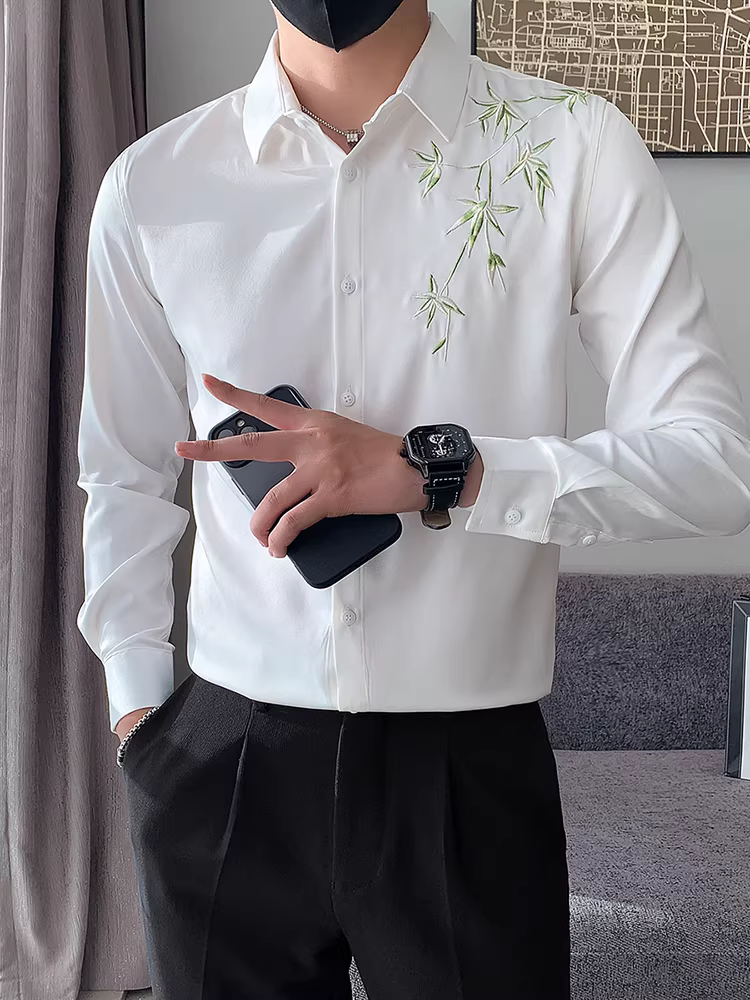 Áo sơ mi thêu tre phong cách Trung Quốc mới dành cho nam, dài tay, thời trang mới mùa xuân thu hợp thời trang, áo sơ mi thường ngày cao cấp vừa vặn đẹp trai