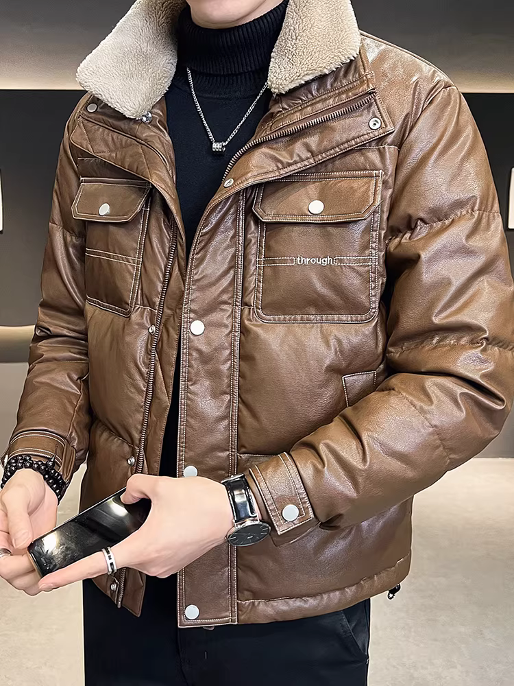 Áo khoác nam cổ lông cừu da PU mùa đông mới dày dặn ấm áp hợp thời trang thương hiệu cao cấp áo khoác ngắn giản dị