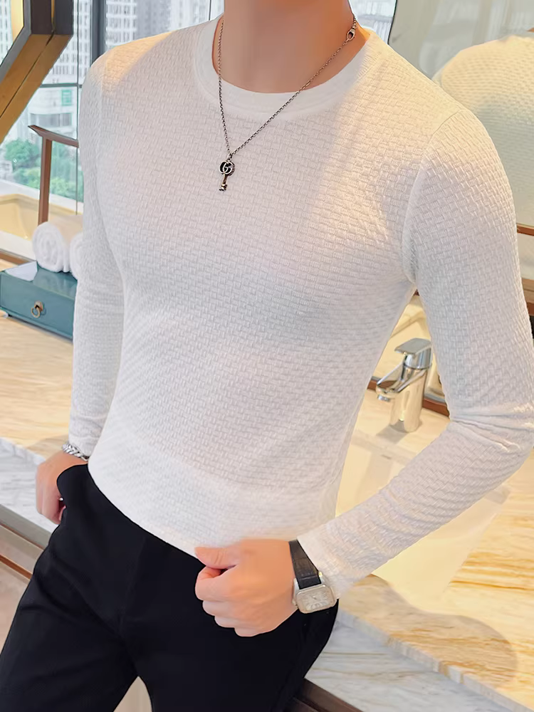Áo thun dài tay kiểu waffle dành cho nam, mẫu mới xuân thu, kiểu dáng ôm body thời trang, cổ tròn, đa năng, áo thun basic mặc thường ngày.