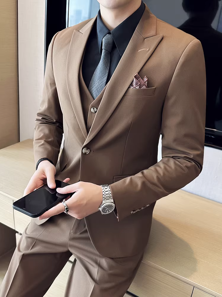 Bộ vest nam cao cấp một cúc, trang phục công sở lịch lãm, vest cưới cao cấp ba mảnh cho chú rể
