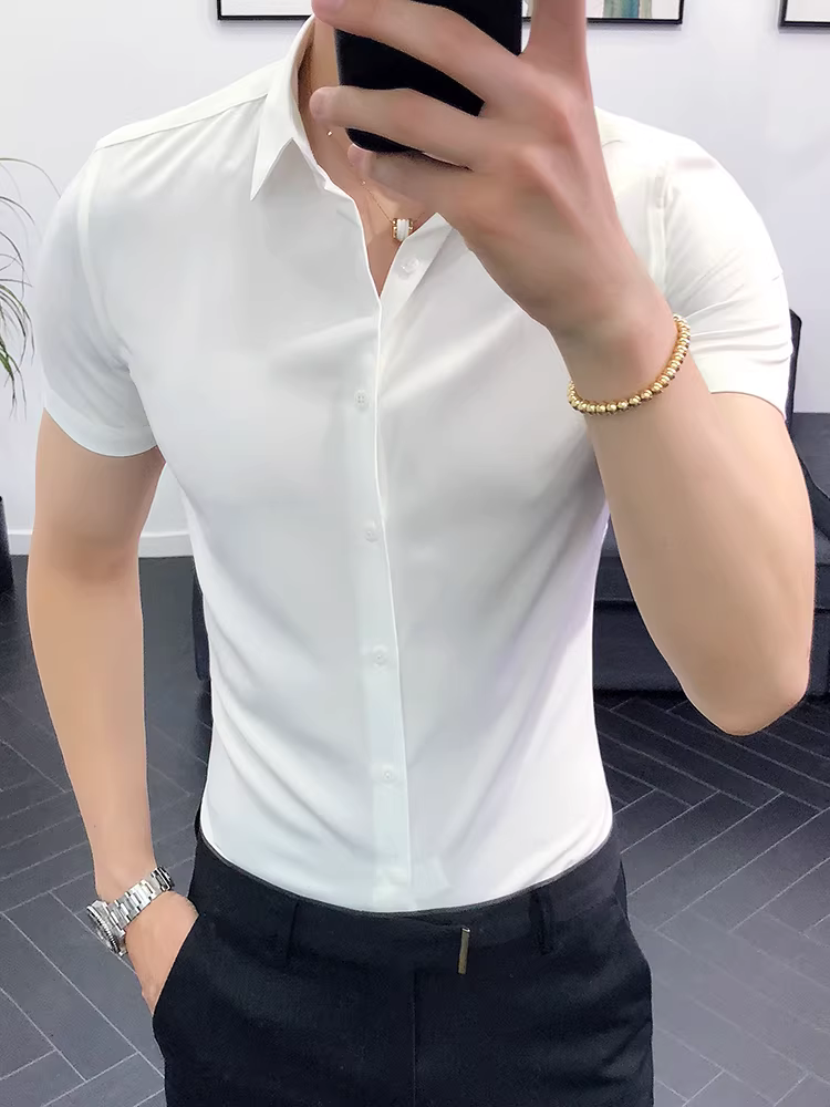 Áo sơ mi nam ngắn tay màu trắng, áo sơ mi nam công sở mùa hè, không cần là ủi, dáng ôm, áo sơ mi lịch sự cao cấp.