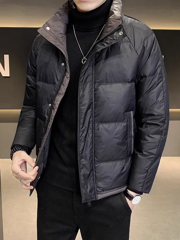 Áo khoác phao dày cổ đứng phối màu dành cho nam, giữ ấm mùa đông, kiểu dáng mới 2025, thương hiệu thời trang cao cấp, kiểu dáng ngắn sành điệu.