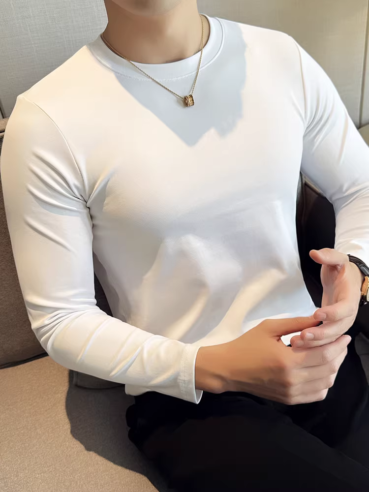 Áo thun nam dài tay cao cấp lót lông cừu cho mùa thu đông, cổ tròn thoải mái, ôm dáng, lớp trong co giãn.