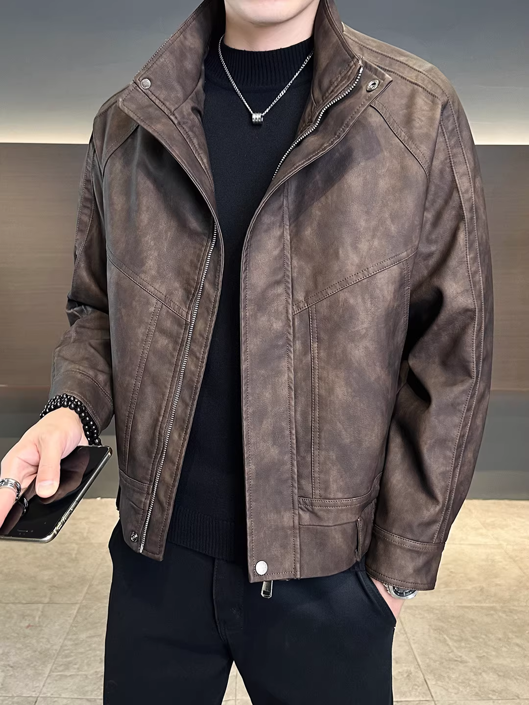 Áo khoác da cổ đứng cho nam, mùa xuân thu, đa năng, sành điệu, ngắn, đẹp trai, cao cấp, áo khoác xe máy cổ điển