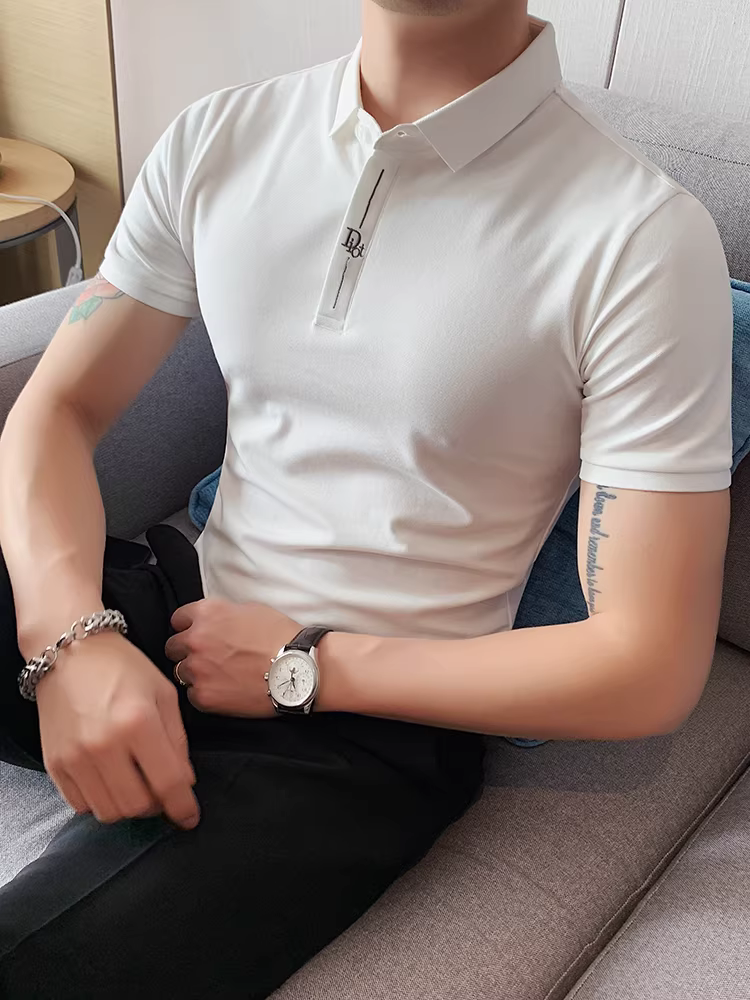 Áo Polo thêu mỏng mùa hè nam tay ngắn ôm dáng cổ trụ phong cách Hàn Quốc thời trang áo thun nam công sở thường ngày