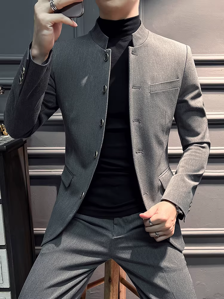 Bộ vest nam kiểu Trung Quốc mới, cổ đứng, nhiều khuy, dáng ôm cao cấp, trang phục công sở lịch lãm, vest chú rể.