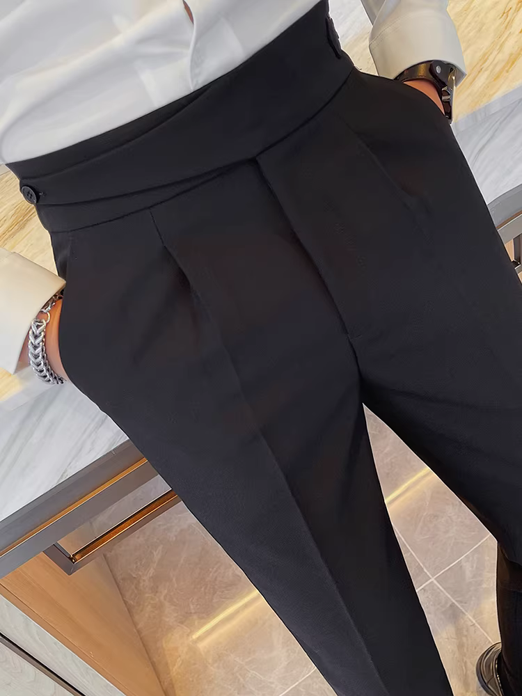 Quần âu nam Napoli cạp cao, màu trơn, chất liệu kaki, mùa xuân thu, kiểu dáng ôm body cao cấp, lịch sự, thẳng ống.