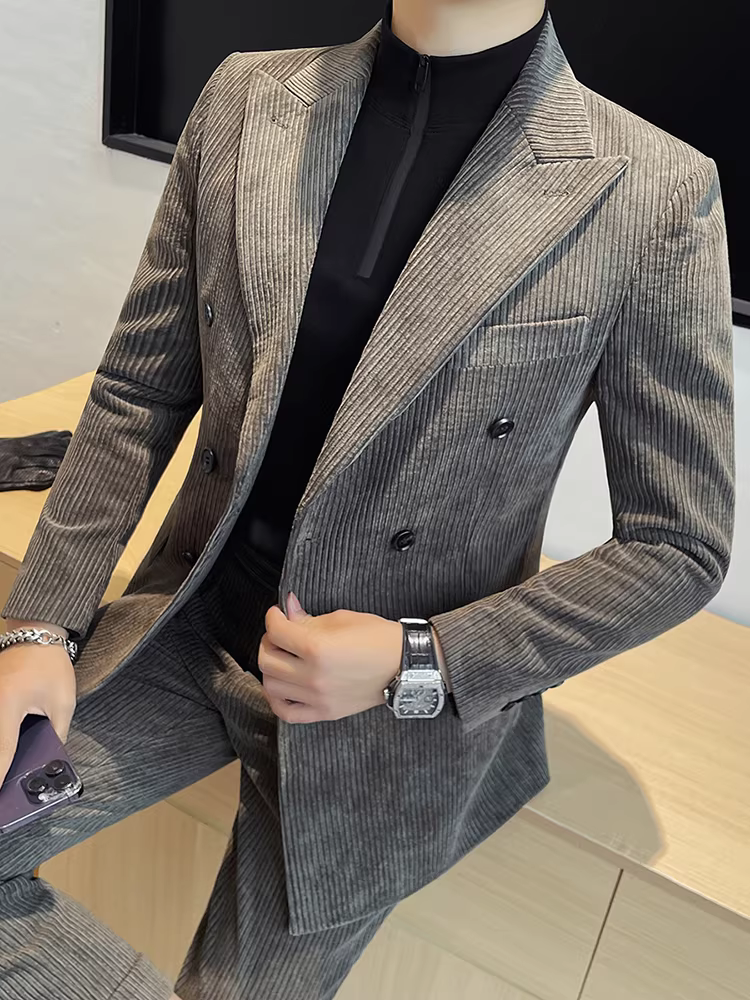 Bộ vest nam chất liệu corduroy cao cấp, kiểu dáng hai hàng khuy, mới mùa thu đông, phong cách công sở lịch lãm, nhẹ nhàng sang trọng.