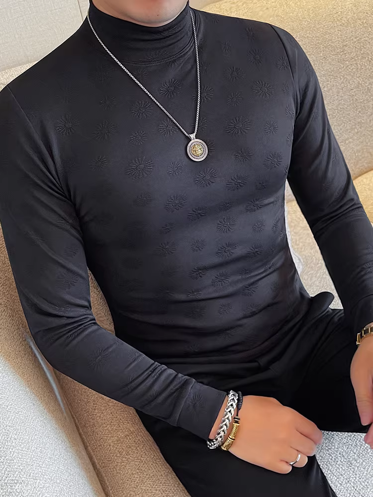 Áo sơ mi nam cổ trụ nửa cao họa tiết hoa cúc, thời trang thu đông 2025, kiểu dáng ôm body, cổ trung, tay dài.