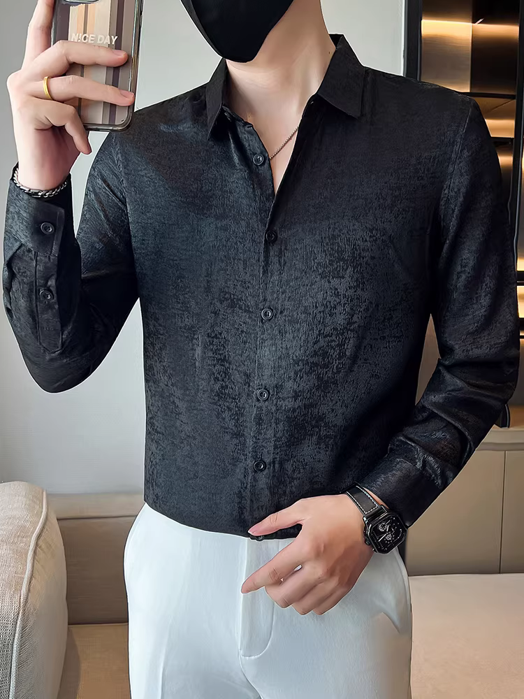 Áo sơ mi nam bóng mượt, tay dài, kiểu dáng mới thu đông 2025, thời trang, ôm dáng, lịch lãm, hợp xu hướng, đa năng, cao cấp