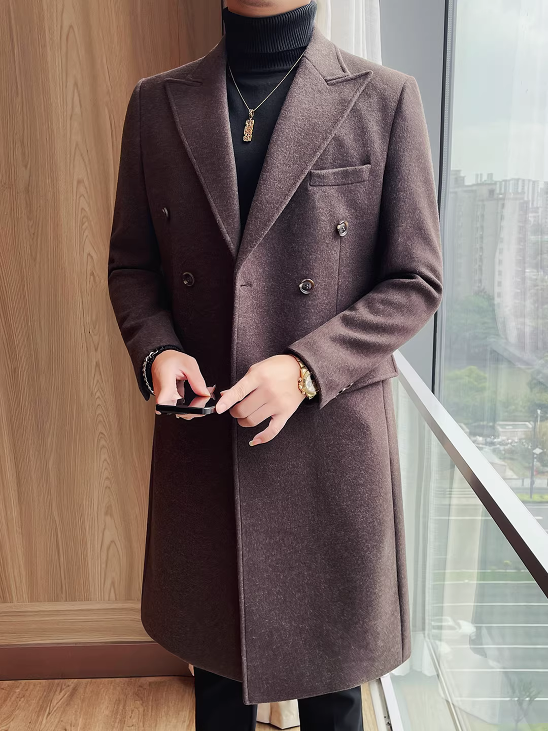 Áo khoác len nam dáng dài, hai hàng khuy, dày dặn cho mùa thu đông 2025, kiểu dáng mới chất lượng cao, đa năng.