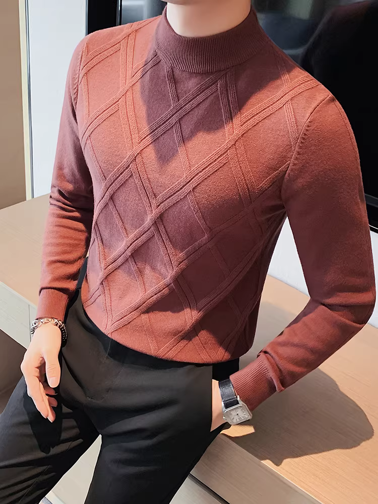 Áo len cổ lọ nửa cao dành cho nam, dày dặn cho mùa thu đông, áo len dệt kim dáng ôm mới, áo sơ mi cổ trung đa năng thời trang hợp xu hướng.