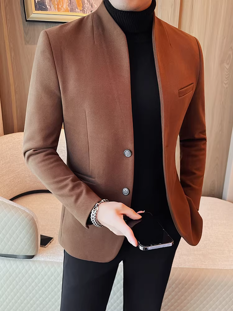 Áo blazer len cổ đứng dành cho nam, kiểu dày mùa thu đông, phong cách công sở lịch sự, trang phục trang trọng cao cấp, kiểu dáng ôm body thời trang.