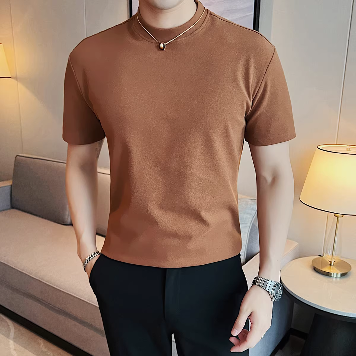 Áo sơ mi giữ nhiệt dành cho nam mùa thu đông, dày dặn và ấm áp, cổ tròn, tay ngắn, áo thun lông cừu hai mặt, vừa vặn, đa năng và hợp thời trang để mặc nhiều lớp.