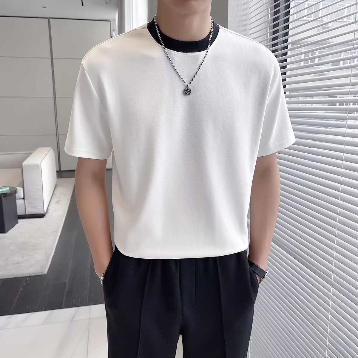 Áo thun ngắn tay giả hai mảnh dành cho nam, mùa hè thoải mái, đa năng, co giãn cao, cổ tròn, chất liệu cotton nguyên chất, kiểu dáng đơn giản.