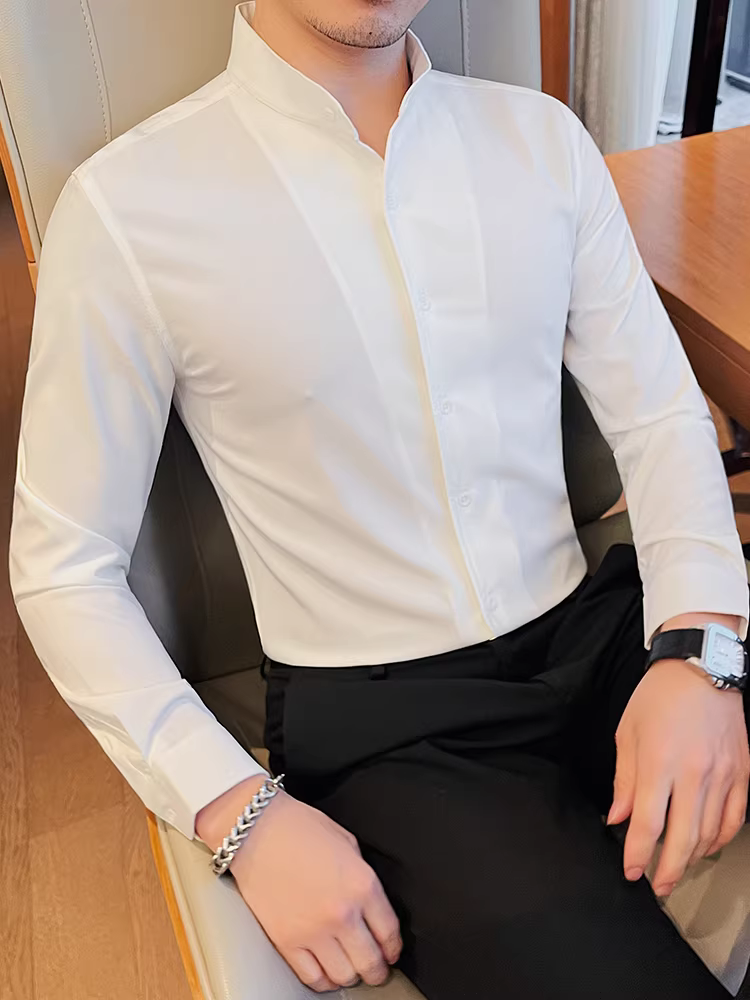 Áo sơ mi cổ đứng cho nam, dài tay, cao cấp, hợp thời trang, phong cách Anh, dáng ôm, trang phục công sở thông thường, áo sơ mi phong cách Pháp mát mẻ, mẫu mới xuân thu.