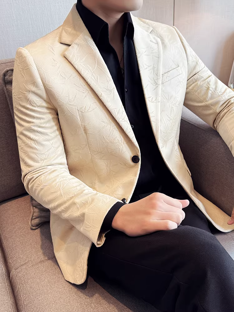 Áo blazer nam chất liệu nhung jacquard, kiểu dáng mới xuân thu, phong cách công sở lịch lãm, đa năng, ôm dáng, thời trang cổ điển.