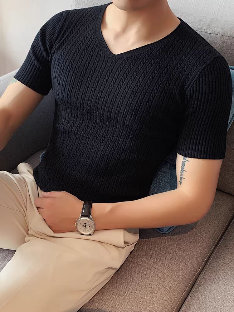 Áo len nam cổ chữ V tay ngắn, xu hướng thời trang xuân thu, ôm dáng co giãn, áo thun dệt kim sọc cao cấp đa năng, phong cách giản dị