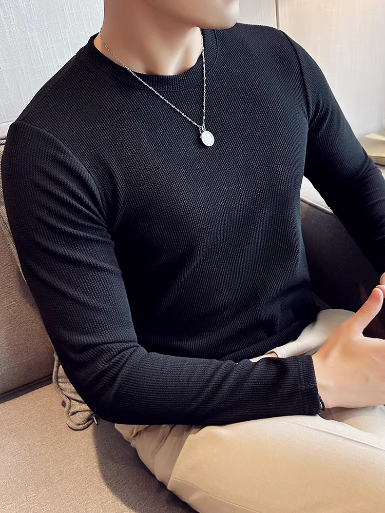 Áo thun co giãn có họa tiết dành cho nam, dài tay, dày dặn cho mùa thu đông, cổ tròn giản dị, áo sơ mi ôm dáng hợp thời trang, áo trên.