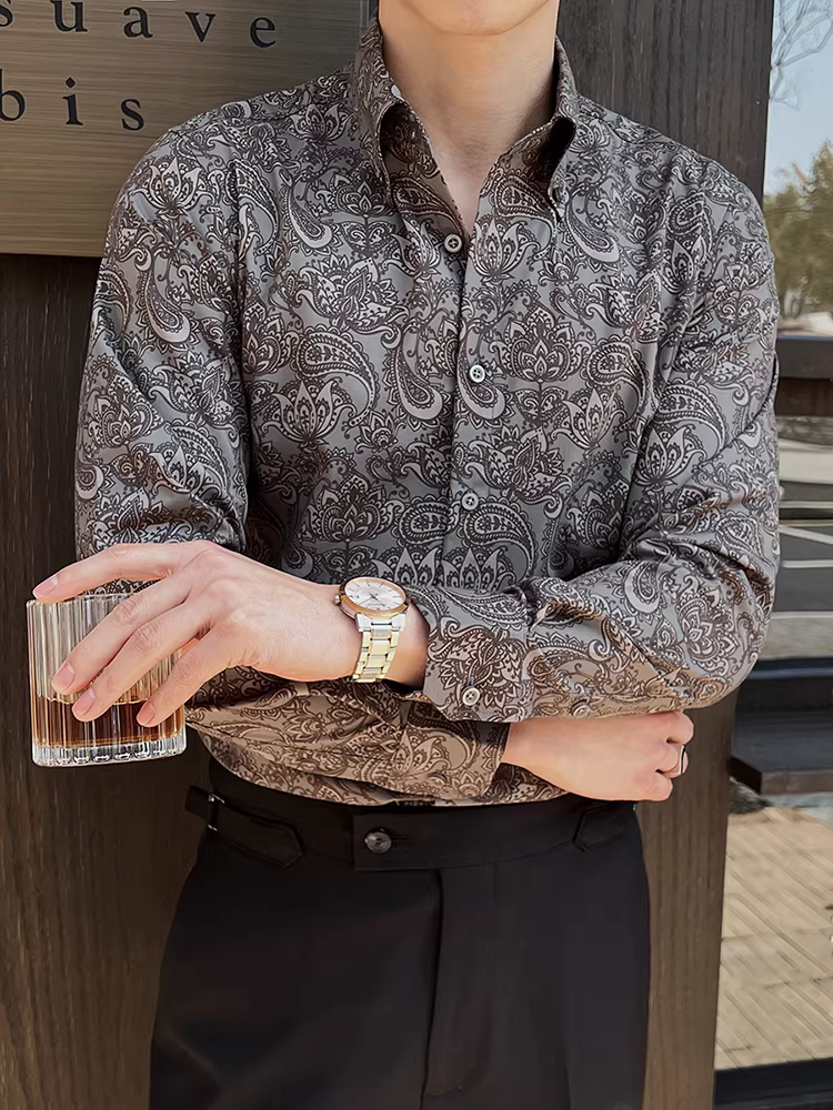 Áo sơ mi in họa tiết phong cách Anh cho nam, dài tay, cao cấp, lịch sự, đa năng, hợp thời trang, ôm dáng, đẹp trai, thời trang, áo sơ mi cá tính