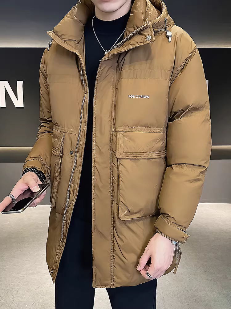 Áo khoác phao có mũ kiểu bảo hộ lao động dành cho nam, dài trung bình, dày dặn cho mùa đông, ấm áp, mẫu mới 2025, chất liệu cao cấp.