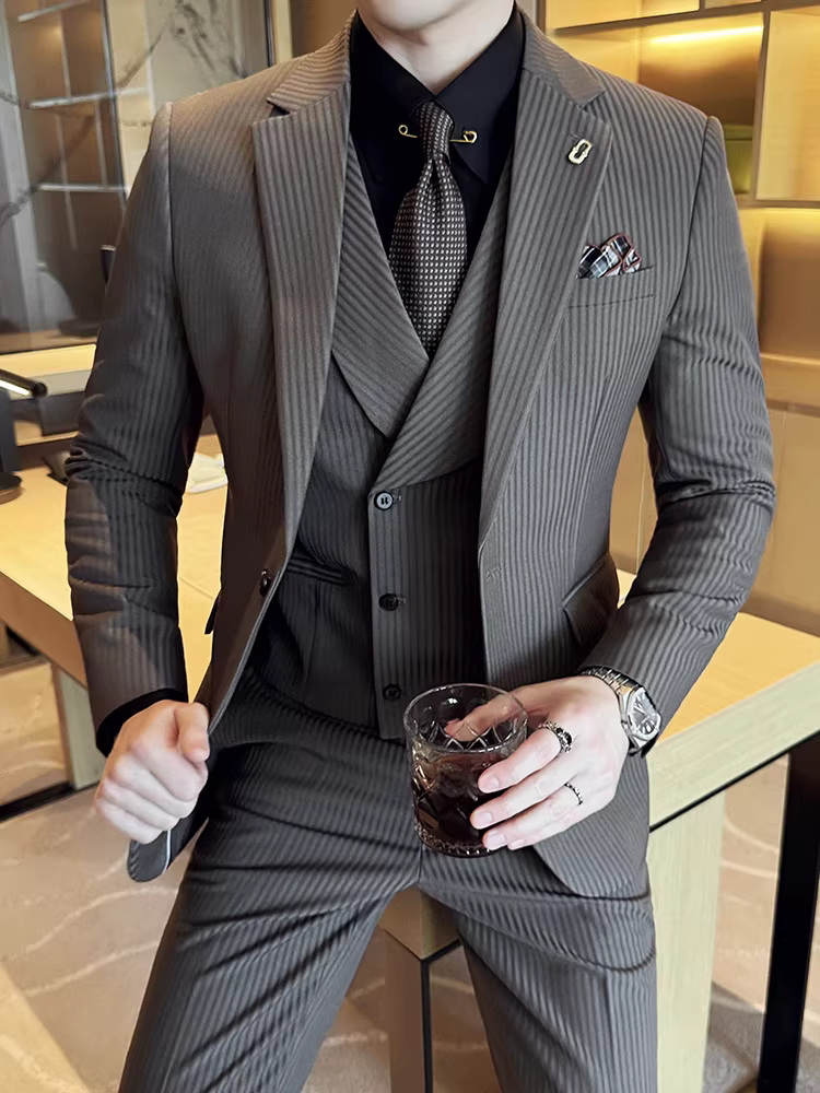 Bộ vest nam cao cấp kẻ sọc, phong cách công sở lịch lãm Hàn Quốc, dáng ôm, thời trang, đa năng, phù hợp cho chú rể, đám cưới